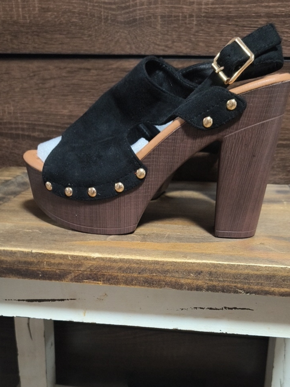 Nature Breeze Black Suede Platform Block Heel Sandals with Gold Accents